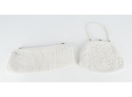 Vintage White Beaded Handbag And Clutch