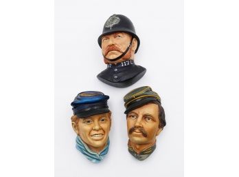 3 Bossons Chalkware Heads - Victorian Bobby, Infantry Officer, And Drummer Boy