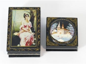2 Vintage Russian Hand Painted Lacquered Trinket Boxes