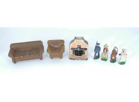 Vintage Doll House Furniture And Metal Figurines