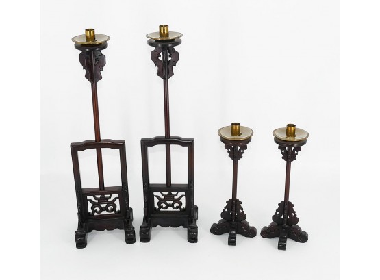 Chinese Carved Wood Lamp/Candle Stand And Holders