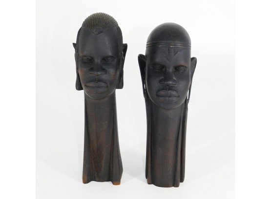 Pair Of African Head/Neck Ebony Wood Sculptures - Man And Woman - Signed