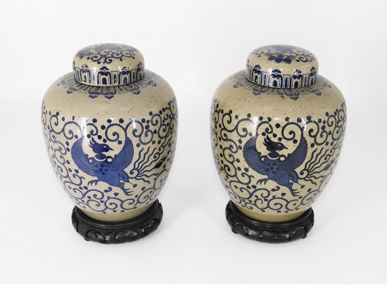 Pair Of Chinese Ginger Jars With Wood Stands