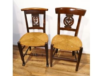 2 Antique Carved Wooden Side Chairs With Rush Seats