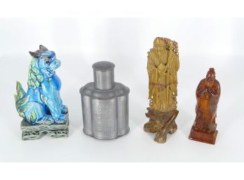Vintage Asian Statues (Amber & Stone), Figurine, And Tea Container
