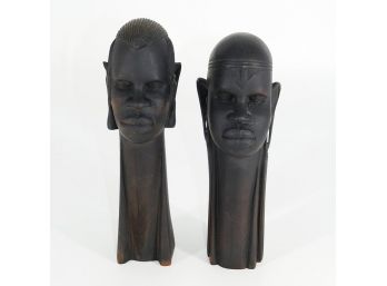 Pair Of African Head/Neck Ebony Wood Sculptures - Man And Woman - Signed