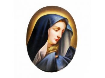 Large 19th C. French/German Hand-Painted Oval Porcelain Plaque/Cameo Of The Virgin Mary