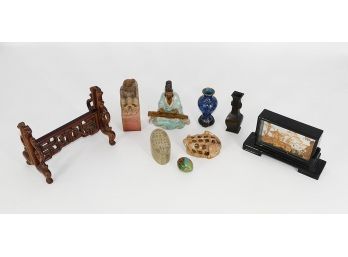 Chinese Lot - Carved Stone Stamp, Shiwan Ceramic, Cloisonne & Brass Vases, Cork Art, Etc