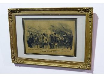 Framed Currier & Ives Print - A Kiss In The Dark - Humor