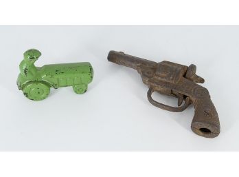 2 Vintage Toys - 1920's Oh Boy Cast Iron Pistol & Hard Rubber Tractor