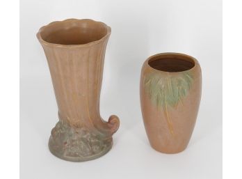 1930's McCoy Pottery Matte Cornucopia And Leaf / Berries Vases