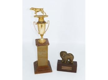 2 Vintage Dog Trophies - Bronze Chow / Hunting Dog