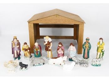 Ceramic Hand-Painted Nativity Scene, Wood Barn, And Christmas Lights