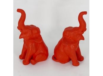 Pair Of Vintage Cast Metal Elephants - Painted Orange/Red