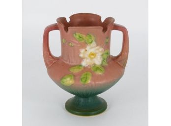 1940's Roseville Pottery White Rose Pattern Pink Double-Handled Vase 146-6