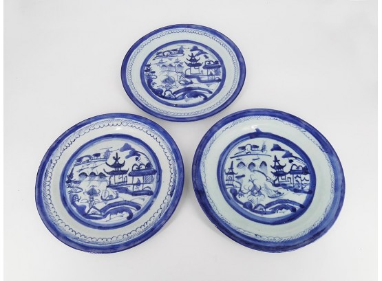 19th C. Chinese Blue Canton 9.5'-10' Plates - Lot Of 3