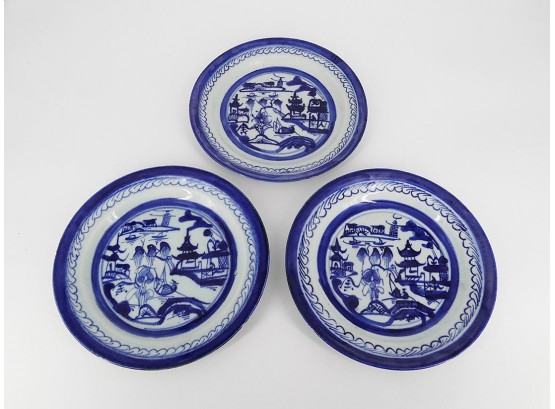 19th C. Chinese Blue Canton 8.5' Plates - Lot Of 3