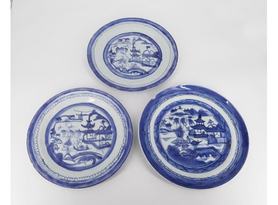 19th C. Chinese Blue Canton 10'-11'  Plates - Lot Of 3