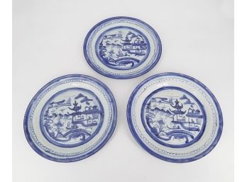 19th C. Chinese Blue Canton 9.75' & 10' Plates - Lot Of 3