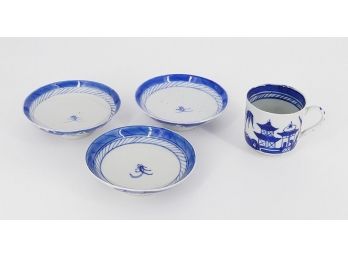 Chinese Blue Canton Small Cup & 3 Bowls