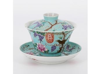 Antique Chinese Dayazhai Famille Rose Turquoise-Ground Cup, Lids, And Saucers