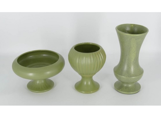 Three Pieces Of McCoy Floraline Pottery - Green Glaze