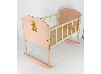 1950's Pink And White Wood Doll Rocking Crib