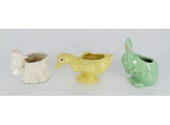 3 Small Vintage Animal Planters - Duckling, Bunny, And Woodpecker