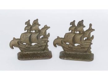 Pair Of Cast Iron 1928 Pirate Galleon Bookends