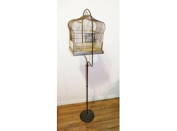 Antique Victorian Cast Iron Bird Cage Stand & Vintage Crown Bird Cage