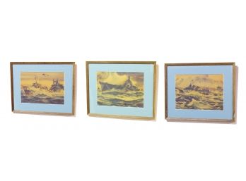 3 Arthur Beaumont WWII Military Ship Prints - Framed & Purchased In Japan