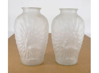 Pair Of Large 10.25' Frosted Glass Vases With Peacock Pattern - Early 20th C.