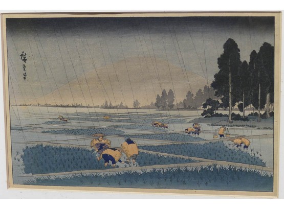 Hiroshige (Japan, 1797-1858) Woodblock Print - Rice Plantation In Rain