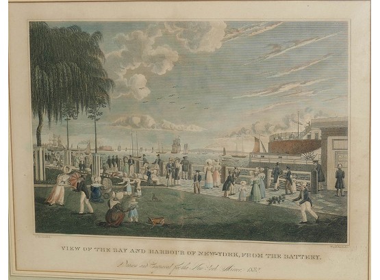 19th C. Hand-Colored Engraving 'View Of The Bay And Harbour Of New York, From The Battery'