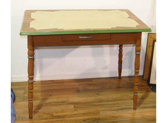 Vintage Enameled Top Table On Turned Legs