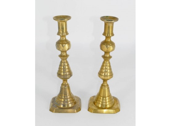 Pair Of 1893 English Beehive Brass Candlesticks