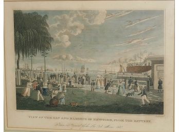 19th C. Hand-Colored Engraving 'View Of The Bay And Harbour Of New York, From The Battery'