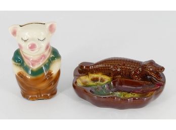 Vintage Ceramic Piggy Bank And Alligator Coin Tray