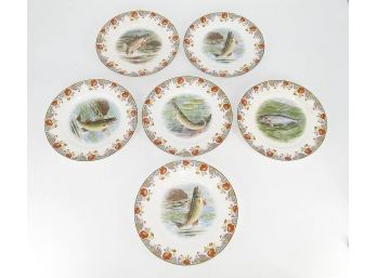 Set Of 6 Antique Taylor Smith & Taylor Latona China 9.25' Fly Fishing Trout Plates - R.K. Beck Artwork