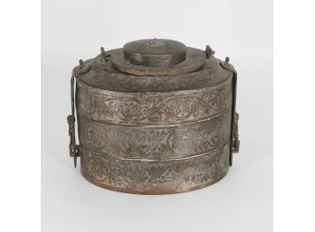 Antique Chinese Engraved Metal Lunch / Tiffin Box