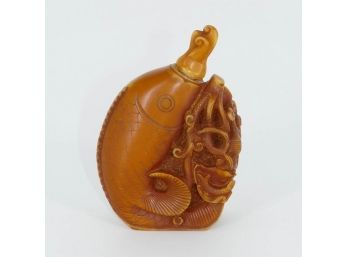 Vintage Hand Carved Fish Snuff Bottle - Coral Resin