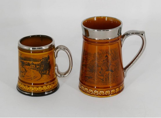 Two Vintage Amber Transferware English Pottery Tankards