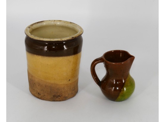 Antique Redware Pottery - Crock And Two-Tone Milk/Creamer Pitcher