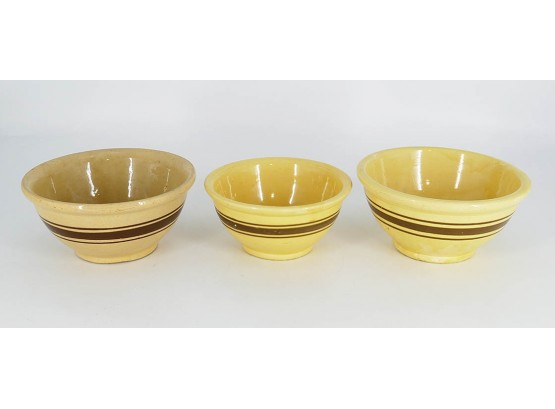 3 Vintage Yellow Ware Mixing Bowls - RRP Roseville & 120/- USA