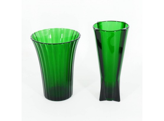 Two Vintage Forest Green Vases - Art Deco Anchor Hocking & Napco