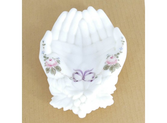 Vintage Westmoreland Hand Painted Milk Glass Hands Bowl / Candy Dish