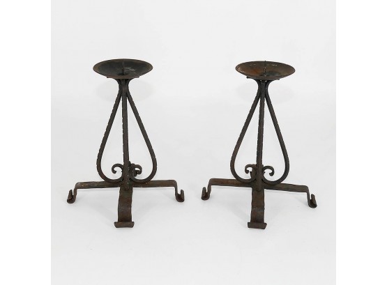 Pair Of Wrought Iron Pricket Form Candle Stands