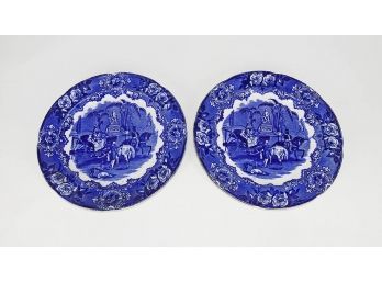 Pair Of George Jones Staffordshire Blue Transfer Plates 'Spanish Festivities 1798'