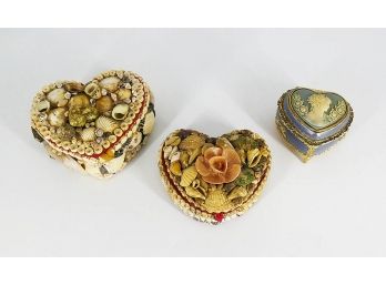 Three Different Vintage Heart Shaped Trinket Boxes - Sankyo (Japan) Music Box & Shells