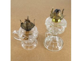 Pair Of Antique Glass Finger Oil Lamps - Queen Anne Heart & Socony Lamps